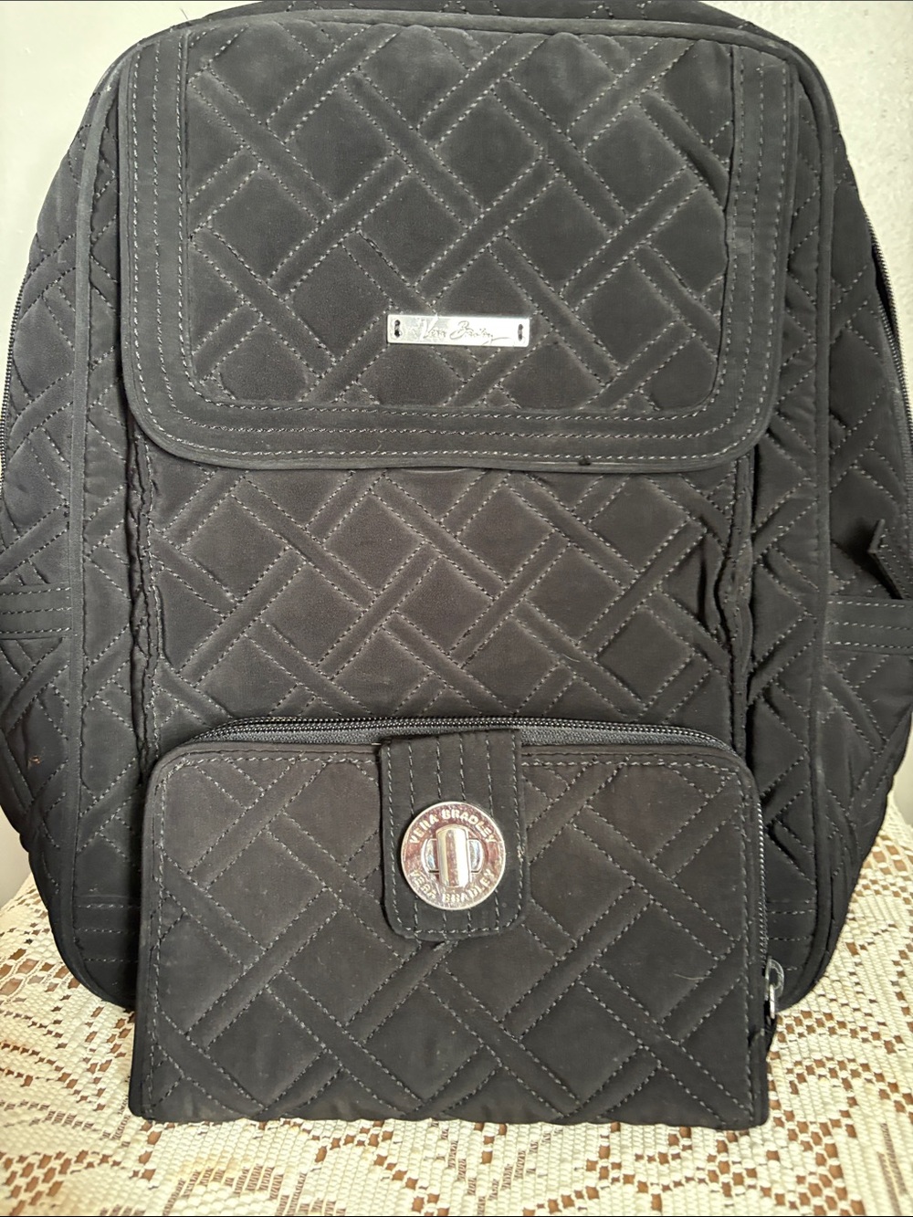 Vera Bradley Black Quilted Backpack With matching Wallet